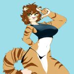 anthro arm_tattoo big_breasts breasts brown_hair butt clothed clothing digital_media_(artwork) felid female fur green_eyes hair hi_res humanoid hybrid lauren_vanpelt liger lion mammal muscular muscular_female pantherine simple_background solo striped_body stripes tattoo unknown_artist yellow_body yellow_fur 