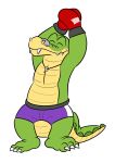  2022 alligator alligatorid anthro biped bottomwear boxing_gloves boxing_shorts brok_(character) brok_the_investigator clothing crocodilian eyes_closed green_body handwear hi_res jolly_the_lizard jollyville reptile scalie shorts solo video_games 