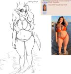  4chan ankylosaurian ankylosaurid ankylosaurus anthro beach bikini christian_cross christian_symbol christianity chubby_female clothing curvy_figure dinosaur english_text facial_horn female goodbye_volcano_high hair hi_res horn human humanoid jewelry long_hair looking_at_viewer mammal monochrome necklace orange_bongo ornithischian pubes real reference_image religion reptile rosa_(gvh) scalie seaside simple_background sketch slightly_chubby smile smiling_at_viewer snoot_game_(fan_game) solo spiked_tail spikes spikes_(anatomy) swimwear text thick_thighs thyreophoran voluptuous white_background wide_hips 