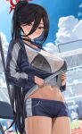  5girls absurdres black_bra black_hair blue_archive blue_jacket blue_shorts blue_sky blush bra bralines breasts choker collarbone gym_uniform hair_between_eyes halo hasumi_(blue_archive) hasumi_(gym_uniform)_(blue_archive) high_ponytail highres huge_breasts jacket long_hair long_sleeves looking_at_viewer mari_(blue_archive) mari_(gym_uniform)_(blue_archive) mole mole_under_eye multiple_girls navel official_alternate_costume red_eyes shirt shocho short_shorts shorts sky solo_focus thighs underwear very_long_hair white_shirt yuuka_(blue_archive) yuuka_(gym_uniform)_(blue_archive) 