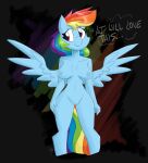  anthro anthrofied blue_body blue_feathers dialogue digital_media_(artwork) equid equine feathers flutterthrash friendship_is_magic hair hasbro hi_res looking_aside mammal multicolored_hair multicolored_tail my_little_pony nude pegasus pink_eyes rainbow rainbow_dash_(mlp) rainbow_hair rainbow_tail smile smirk spread_wings wings 