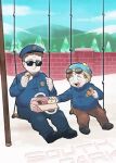  2boys beanie brick_wall brown_hair copyright_name doughnut eating eric_cartman eyewear_on_head fat fat_man food food_on_face hat highres male_focus multiple_boys officer_barbrady open_mouth police police_uniform policeman sitting smile snow south_park sunglasses swing_set tree tsunoji uniform 