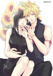  1boy 1girl arm_ribbon bare_shoulders black_hair blonde_hair blue_eyes blush breasts cloud_strife couple final_fantasy final_fantasy_vii final_fantasy_vii_advent_children floral_background flower gogochi55 happy_tears hetero high_collar highres hug jewelry long_hair red_eyes ribbon ring shirt sitting sleeveless spiked_hair sunflower tears tifa_lockhart 