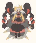  black_dress black_footwear black_socks blush bow collar crown dress frilled_bow frilled_collar frilled_dress frilled_sleeves frills giratina grey_hair highres long_hair looking_at_viewer personification pokemon red_bow red_eyes red_ribbon ribbon sleeves_past_fingers sleeves_past_wrists socks spikes tail user_jwrz5783 white_background 