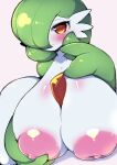  anthro areola big_breasts blush breast_grab breasts female gardevoir generation_3_pokemon green_hair hair hand_on_breast nekoyuu nintendo pokemon pokemon_(species) red_eyes simple_background smile solo video_games white_body 