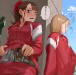  2girls android bangs blonde_hair blush breasts brown_eyes brown_hair collared_shirt commentary_request hair_ornament hair_scrunchie highres hot jacket maker mecha-jk mecha-jk&#039;s_friend mechanical_parts medium_breasts medium_hair multiple_girls original ponytail red_jacket scrunchie shirt track_suit translation_request 