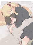  1boy 1girl azumi_(myameco) black_dress blonde_hair brown_hair closed_eyes couple dress ereshkigal_(fate) fate/grand_order fate_(series) fujimaru_ritsuka_(male) grey_shirt hetero hug long_hair shirt sleeping 