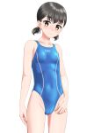  1girl absurdres black_hair blue_one-piece_swimsuit breasts brown_eyes cameltoe commentary_request competition_swimsuit covered_navel cowboy_shot highres looking_at_viewer one-piece_swimsuit original short_hair simple_background small_breasts solo standing swimsuit takafumi white_background 