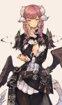  1girl au_ra avatar_(ff14) bangs black_pantyhose book breasts center_opening dragon_horns dragon_tail final_fantasy final_fantasy_xiv highres horns kemomin_nosuke long_hair looking_at_viewer low_wings pantyhose pink_hair pleated_skirt scales skirt small_breasts solo tail white_background wings yellow_eyes 