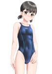  1girl absurdres black_hair blue_one-piece_swimsuit breasts brown_eyes cameltoe commentary_request competition_swimsuit covered_navel cowboy_shot highres looking_at_viewer one-piece_swimsuit original short_hair simple_background small_breasts solo standing swimsuit takafumi white_background 