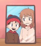  1boy 1girl beanie black_hair blue_eyes braces brother_and_sister brown_hair coat hat open_mouth photo_(object) shelley_marsh siblings smile south_park stan_marsh translation_request tsunoji winter_clothes winter_coat 