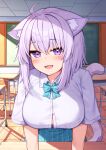  1girl :d animal_ear_fluff animal_ears blue_bow blue_bowtie blush bow bowtie breasts cat_ears cat_tail classroom cleavage deaver dress_shirt fang highres hololive indoors large_breasts nekomata_okayu purple_eyes purple_hair shirt short_sleeves smile solo tail tail_raised virtual_youtuber white_shirt 