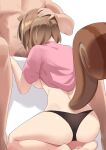  1boy 1girl animal_ears ass ayunda_risu black_panties breasts brown_hair clothed_female_nude_male clothes_lift facing_away fellatio hand_on_another&#039;s_head hetero highres hololive hololive_indonesia kneeling long_hair male_pubic_hair medium_breasts no_bra no_pants nonstop_nut_november nude oral panties penis pink_shirt pubic_hair shirt shirt_lift short_sleeves sideboob simple_background squirrel_ears squirrel_girl squirrel_tail t-shirt tail underwear virtual_youtuber white_background yuyu5x 