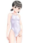  1girl absurdres black_hair breasts brown_eyes cameltoe commentary_request competition_swimsuit covered_navel cowboy_shot highres looking_at_viewer one-piece_swimsuit original short_hair simple_background small_breasts solo standing swimsuit takafumi white_background white_one-piece_swimsuit 
