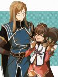  1boy 1girl anise_tatlin belt black_hair brown_hair closed_eyes cowboy_shot detached_sleeves female_child glasses gloves high_collar highres jacket jade_curtiss long_hair long_sleeves nanpou_(nanpou0021) sidelocks smile tales_of_(series) tales_of_the_abyss thighhighs tokunaga_(tales) twintails white_gloves zettai_ryouiki 