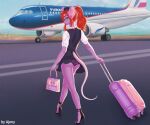  aircraft airplane ajeny clothing flight_attendant footwear fur girly green_eyes hair high_heels jamie_knox_(jamiekaboom) looking_at_viewer looking_back male mammal mouse murid murine purple_body purple_fur purse red_hair rodent shoes suitcase uniform 