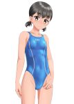  1girl absurdres black_hair blue_one-piece_swimsuit breasts brown_eyes cameltoe commentary_request competition_swimsuit covered_navel cowboy_shot highres looking_at_viewer one-piece_swimsuit original short_hair simple_background small_breasts solo standing swimsuit takafumi tan white_background 