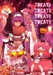  &gt;_&lt; 1boy 1girl :3 animal_hands bangs barefoot black_hood black_shirt candy capelet cat_girl commentary_request cookie cupcake detached_sleeves dress eating food full_body fur-trimmed_capelet fur_collar fur_trim ghost hair_between_eyes halloween highres horns icing jack-o&#039;-lantern looking_at_viewer medium_hair official_alternate_costume omanjuu_(tamppcn) open_mouth pink_dress pink_eyes purple_hair ragnarok_online red_capelet red_eruma shirt sitting sorcerer_(ragnarok_online) summoner_(ragnarok_online) upper_body white_horns white_sleeves 