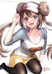  1girl :d arm_support bow breasts brown_hair cleavage commentary_request double_bun doughnut_hair_bun fingernails green_eyes hair_bun hand_up highres legwear_under_shorts long_hair open_mouth pantyhose pink_bow pokemon pokemon_(game) pokemon_bw2 raglan_sleeves rosa_(pokemon) saiun_(ckap8245) shorts smile solo twintails visor_cap yellow_shorts 