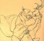  anthro beastars blush canid canine canis cervid clothed clothing duo embrace eyes_closed fully_clothed hug kissing legoshi_(beastars) louis_(beastars) male male/male mammal tail_motion tailwag wolf wuffinarts 