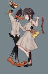  1boy 1girl anger_vein black_footwear black_hair blush crossover daffy_duck dancing food fork furry furry_male highres himuhino holding holding_fork hololive hot_dog linked_sausages looney_tunes oozora_subaru sausage shoes short_hair virtual_youtuber webbed_feet 