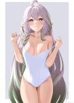  1girl :d absurdly_long_hair ahoge bangs bare_shoulders braid breasts cleavage collarbone commentary_request genshin_impact gradient_hair green_eyes grey_hair hair_between_eyes highres leotard long_hair looking_at_viewer mockingeu multicolored_hair pointy_ears rukkhadevata_(genshin_impact) sidelocks simple_background single_braid sleeveless smile solo symbol-shaped_pupils undressing very_long_hair white_leotard 