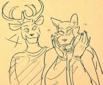  anthro beastars bodily_fluids canid canine canis cervid clothed clothing duo excited fully_clothed gesture hand_on_cheek legoshi_(beastars) louis_(beastars) male male/male mammal smile surprised_expression sweat sweatdrop wolf wuffinarts 