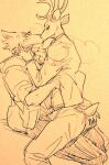  anthro beastars blush bodily_fluids butt butt_grab canid canine canis cervid clothed clothing cupping_chin duo eyes_closed fully_clothed hand_on_butt hand_under_shirt kissing legoshi_(beastars) louis_(beastars) male male/male mammal on_lap saliva sitting sitting_on_lap steam sweat wolf wuffinarts 