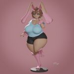  anthro big_breasts bonnie_(dirkstridoritos) bottomwear breasts brown_body brown_fur brown_hair clothing colored_nails female floppy_ears fur generation_4_pokemon hair hi_res lopunny nails nintendo okabepom on_one_leg pink_nose pokemon pokemon_(species) shiny_pokemon shorts smile smiling_at_viewer solo standing thick_thighs video_games wide_hips 