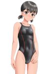  1girl absurdres black_hair black_one-piece_swimsuit breasts brown_eyes cameltoe commentary_request competition_swimsuit covered_navel cowboy_shot highres looking_at_viewer one-piece_swimsuit original short_hair simple_background small_breasts solo standing swimsuit takafumi tan white_background 