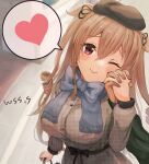  1girl artist_name beret black_headwear blue_scarf blush breasts closed_mouth commission hair_between_eyes hat heart kantai_collection large_breasts light_brown_hair long_hair long_sleeves murasame_(kancolle) murasame_kai_ni_(kancolle) one_eye_closed red_eyes scarf signature skeb_commission smile solo spoken_heart two_side_up upper_body wss_(nicoseiga19993411) 