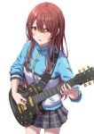  1girl :o absurdres blush bocchi_the_rock! brown_hair electric_guitar gibson_les_paul guitar hair_between_eyes highres holding holding_plectrum idolmaster idolmaster_shiny_colors instrument jacket long_hair looking_at_viewer osaki_tenka plaid plaid_skirt pleated_skirt plectrum simoumi_217 simple_background skirt solo straight_hair track_jacket very_long_hair white_background yellow_eyes 