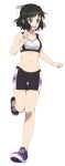  absurdres bare_arms bare_shoulders black_hair bow chuunioniika full_body green_eyes hair_bow highres kohinata_miku midriff purple_background purple_nails senki_zesshou_symphogear shoes short_hair sports_bra sportswear 