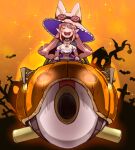  1girl capelet closed_eyes fate/grand_order fate_(series) habetrot_(fate) halloween_costume hat highres jack-o&#039;-lantern long_hair orange_background pink_hair pointy_ears riding taru_neko witch_hat 