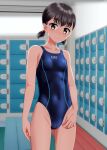  1girl absurdres black_hair blue_one-piece_swimsuit breasts brown_eyes cameltoe commentary_request competition_swimsuit covered_navel cowboy_shot highres indoors locker locker_room looking_at_viewer one-piece_swimsuit original short_hair small_breasts solo standing swimsuit takafumi tan 