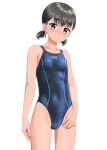  1girl absurdres black_hair blue_one-piece_swimsuit breasts brown_eyes cameltoe commentary_request competition_swimsuit covered_navel cowboy_shot highres looking_at_viewer one-piece_swimsuit original short_hair simple_background small_breasts solo standing swimsuit takafumi tan white_background 