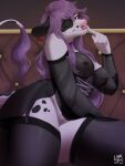  anthro beatrix_devil_(character) black_body black_fur bovid bovine breasts cattle clothing corset female fur garter_straps hair heart_(marking) hi_res legwear lingerie lnkjk.png looking_at_viewer mammal nipples one_eye_closed purple_hair solo tail_tuft thigh_highs topwear translucent translucent_clothing tuft white_body white_fur wink 