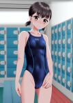  1girl absurdres black_hair blue_one-piece_swimsuit breasts brown_eyes cameltoe commentary_request competition_swimsuit covered_navel cowboy_shot highres indoors locker locker_room looking_at_viewer one-piece_swimsuit original short_hair small_breasts solo standing swimsuit takafumi 