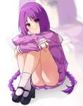  1girl absurdres ass bare_legs boruto:_naruto_next_generations dress high_heels highres hugging_own_legs kakei_sumire knees_up light_smile long_hair looking_at_viewer low_twintails miiutamiii_(artist) naruto_(series) no_panties no_pants purple_dress purple_eyes purple_hair sailor_collar sailor_dress short_dress sitting smile solo thighs twintails very_long_hair 
