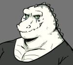  anthro clothing crocodilian dark_topwear dynogreeno green_eyes hi_res humanoid larger_male makeup male reptile scales scalie shirt size_difference smile smiling_at_viewer teeth teeth_showing topwear white_body white_scales 