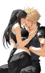  1boy 1girl alcohol arm_ribbon armor bare_shoulders black_gloves black_hair blonde_hair blush breasts clothes_lift cloud_strife couple crop_top duoj_ji earrings final_fantasy final_fantasy_vii final_fantasy_vii_advent_children finger_to_another&#039;s_mouth french_kiss gloves hand_on_another&#039;s_ass hetero high_collar highres jewelry kiss large_breasts long_hair red_wine ribbon ring shirt_lift shoulder_armor simple_background sleeveless spiked_hair tifa_lockhart tongue tongue_out 