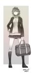  1girl alternate_costume attyon bag blazer full_body greyscale hand_on_hip highres holding hood hooded_sweater hoodie jacket kantai_collection kirishima_(kancolle) kneehighs loafers looking_at_viewer monochrome no_eyewear pleated_skirt school_bag school_uniform shoes short_hair skirt socks solo standing sweater 