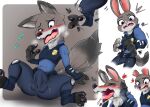  anthro ball_growth blush bodily_fluids bulge canid canine clothed clothing disney drooling female fox ftm_transformation fur gender_transformation genital_growth genital_outline grey_body grey_fur growth judy_hopps lagomorph leporid looking_at_self male mammal nageruamado pawpads penis_growth penis_outline police_officer police_uniform rabbit saliva shocked solo species_transformation sweat tongue tongue_out transformation transformation_sequence uniform zootopia 