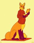  2022 beverage book bottomless canid canid_taur canine canine_taur clothed clothing digital_drawing_(artwork) digital_media_(artwork) eyebrows eyewear fluffy fluffy_tail fox fox_taur fur glasses gloves_(marking) hi_res holding_beverage holding_book holding_object leg_markings looking_at_viewer male mammal mammal_taur markings moult_(artist) multicolored_body multicolored_fur nonbinary_(lore) orange_body orange_fur quadruped rug simple_background sitting socks_(marking) solo sweater taur text topwear url warm_colors warm_white_background white_background yellow_body yellow_fur 