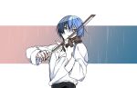  1boy aoyagi_touya blouse blue_eyes blue_shirt commentary_request frost_krx7 grey_eyes highres instrument korean_commentary looking_to_the_side male_focus multicolored_hair music open_clothes open_shirt playing_instrument project_sekai rain shirt solo split-color_hair upper_body violin 