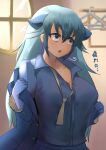  1girl blue_eyes blue_hair blue_jacket blue_pants blue_suit breasts clothes_hanger collarbone collared_shirt formal highres huge_breasts indoors jacket john_(a2556349) kemono_friends kemono_friends_3 necktie official_alternate_costume pants seiryuu_(kemono_friends) shirt solo suit unbuttoned unbuttoned_shirt undressing white_necktie 