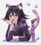  1boy :d alice_in_wonderland animal_ear_fluff animal_ears bangs black_hair bojue_(hakus_1128) brown_footwear cat_boy cat_ears cat_tail cheshire_cat_(alice_in_wonderland) cheshire_cat_(alice_in_wonderland)_(cosplay) cosplay danganronpa_(series) danganronpa_v3:_killing_harmony fangs flipped_hair hair_between_eyes hand_up highres long_sleeves lying medium_hair on_stomach ouma_kokichi pink_eyes pink_scarf pink_thighhighs purple_thighhighs scarf shoes smile solo striped striped_thighhighs tail teeth thighhighs upper_teeth 