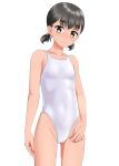  1girl absurdres black_hair breasts brown_eyes cameltoe commentary_request competition_swimsuit covered_navel cowboy_shot highres looking_at_viewer one-piece_swimsuit original short_hair simple_background small_breasts solo standing swimsuit takafumi tan white_background white_one-piece_swimsuit 