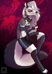  angry anthro canid canine canis clothing female gloves goth gothwolf handwear helluva_boss hi_res kwakapaint latex_gloves loona_(helluva_boss) mammal sitting solo wolf 