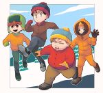  4boys beanie black_hair blonde_hair blue_eyes brown_eyes brown_gloves brown_hair coat eric_cartman fat gloves green_gloves hat hood kenny_mccormick kyle_broflovski male_focus multiple_boys open_mouth orange_hair red_gloves smile south_park stan_marsh tsunoji winter_clothes winter_coat yellow_gloves 